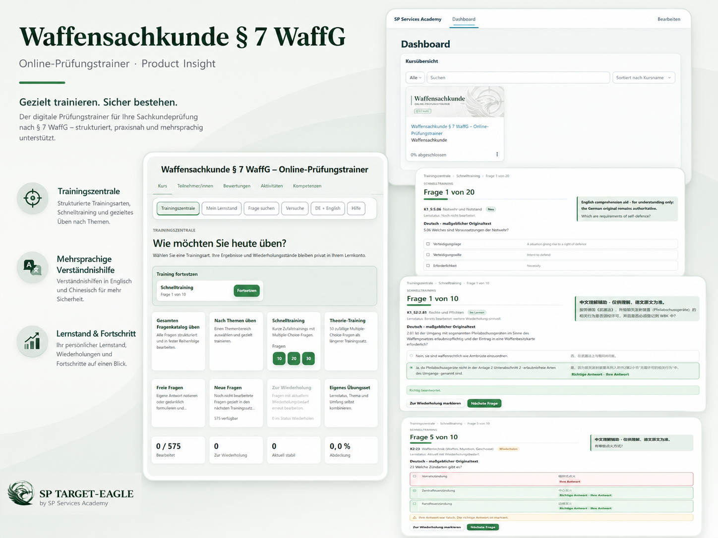 Ansicht der Trainingszentrale mit Themenbereichen und Schnelltrainingsoptionen.
