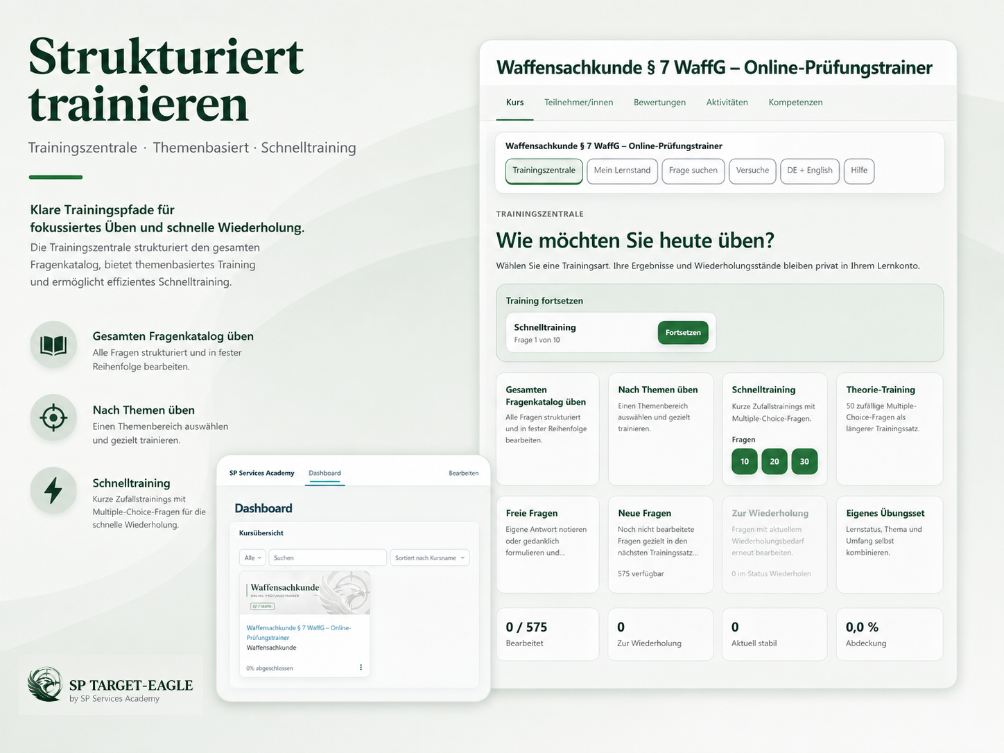 Ansicht des Online-Prüfungstrainers mit Trainingszentrale und Übungsformaten.